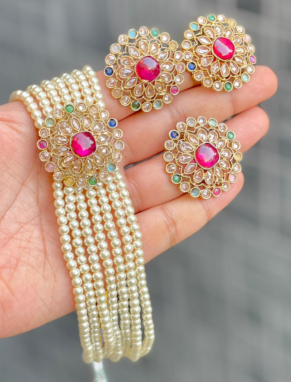 Reverse Ad Pearl Chokker With Beautiful Tops And Ring Combo